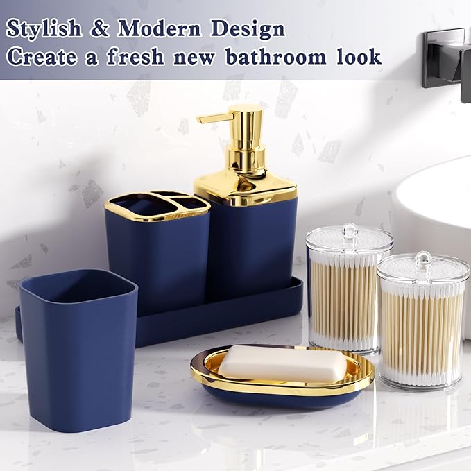XLHOMO Navy Blue Bathroom Accessories, 24 Pieces Blue and Gold Bathroom Accessories Set with Shower Curtain, Bath Towels, Trash Can, Soap Dispenser and Soap Dish for Bathroom/Housewarming