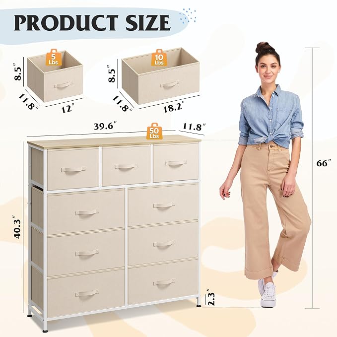 WLIVE 9 Drawer Dresser, Fabric Storage Tower for Bedroom, Hallway, Closet, Tall Chest Organizer Unit for Bedroom with Fabric Bins, Steel Frame, Wood Top, Easy Pull Handle, Cream White