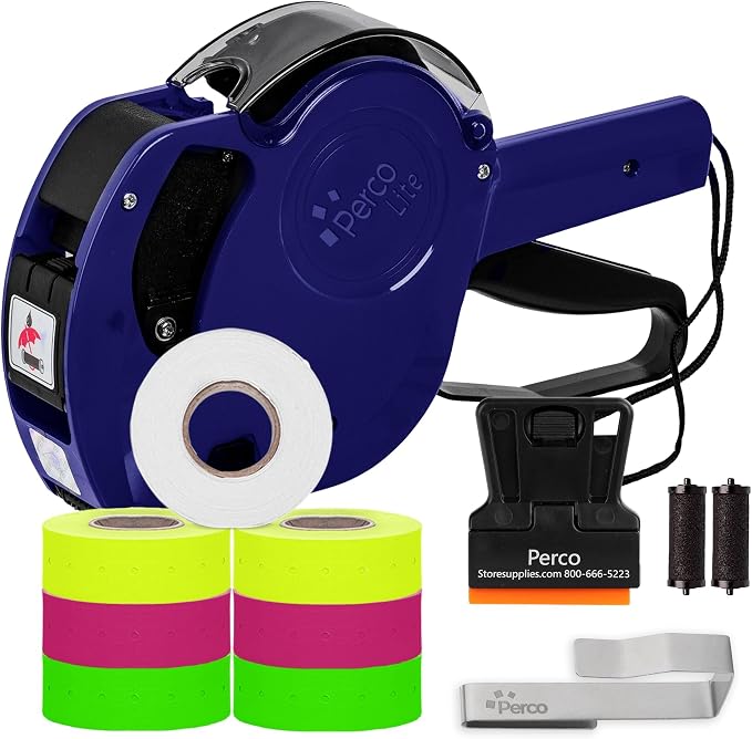 Perco Lite 1 Line Price Gun Kit for Retail & Business – Includes 2 Rolls Each of Yellow, Fluorescent Green, & Fluorescent Pink, Gun Clip & Ink Rollers – Pre-Loaded Pricing Gun w Labels & Ink