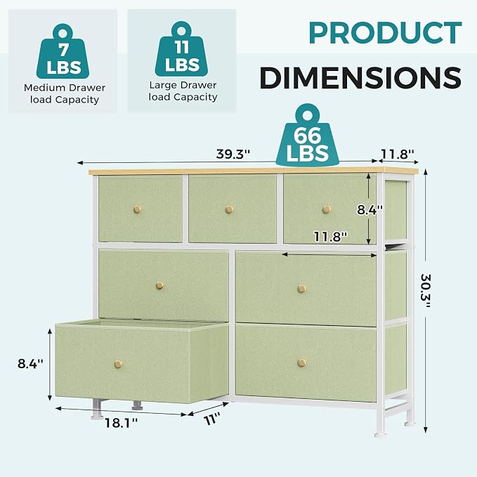 OLIXIS 7 Drawer Dresser for Bedroom, Tall Fabric Storage Tower with Sturdy Steel Frame and Wooden Top, Large Dresser for Living Room Entryway with Easy Pull Fabric Bins,Light Green
