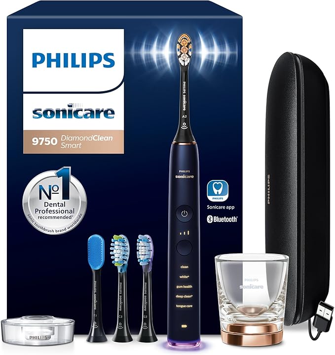 Philips Sonicare DiamondClean Smart 9750 Electric Toothbrush - Sonic Toothbrush with App, Pressure Sensor, 15 Brushing Settings, Replacement Reminder, USB Charging Travel Case, Lunar Blue, HX9954/74