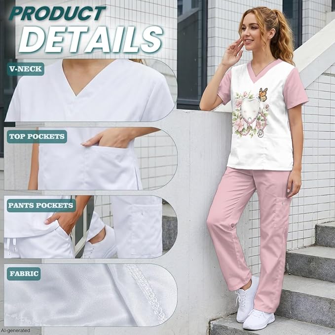 Gomyblomy Women's Scrubs Suit 3-Piece Set | Teeth Print V-Neck Top & Pants & Cap, Breathable and Stretch Fabric, S-5XL