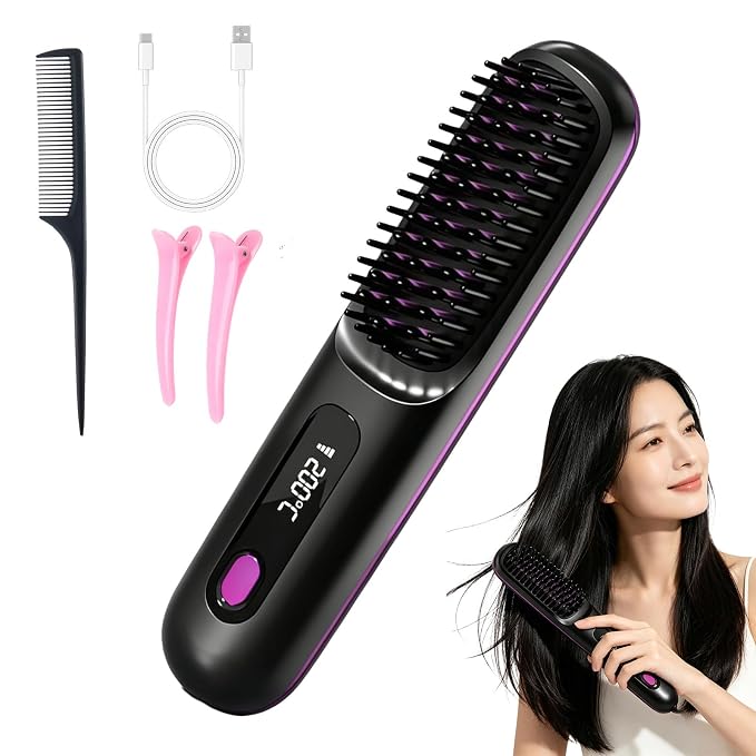 Hair Brush for Short Hair, Straightener Brushs for Travel (Black) | LCD Temperature Display, Fast Heating Cordless Mini Hair Brushs
