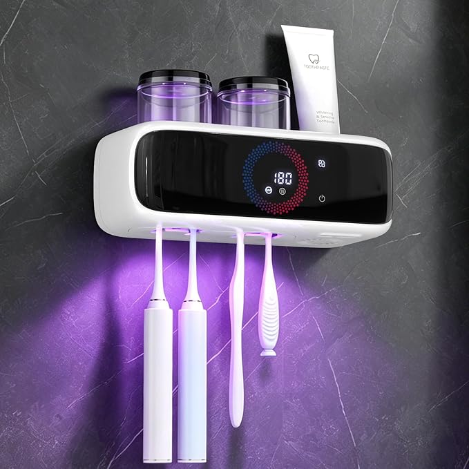 Electric Toothbrush Holders for Bathrooms, UV Tooth Brush Holder&Fan Drying | UV Sanitizer & Fan Drying, 4000mAh Large Battery, Washable Inner Rack, 2 Cups & Toothpaste Holder Wall Mounted Organizer