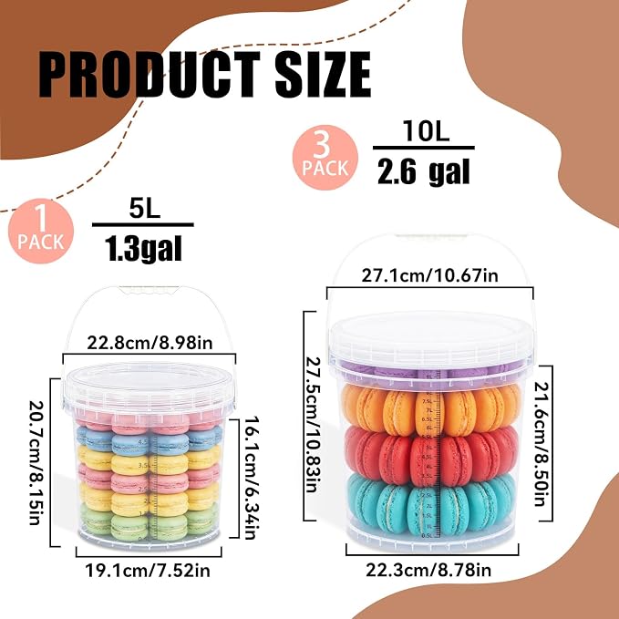 3 Pack 2.6 Gal & 1.3 Gallon Bucket with Lid, Clear Plastic Food Storage Containers, Food Grade Buckets with Lids for Ice Cream, Dog Food, Water, Large Quart Container with Handle