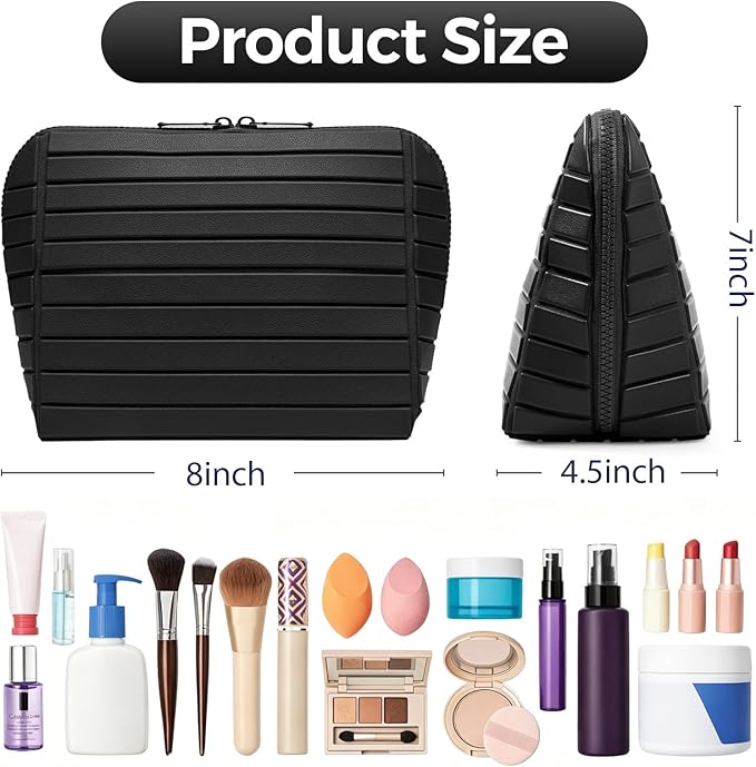 Travel Makeup Organizer Bag with Fold-Down Design and Adjustable Dividers, 27 Pockets & 3 Brush Storage Holders, Large Capacity Cosmetic Bags Toiletry Case- Black
