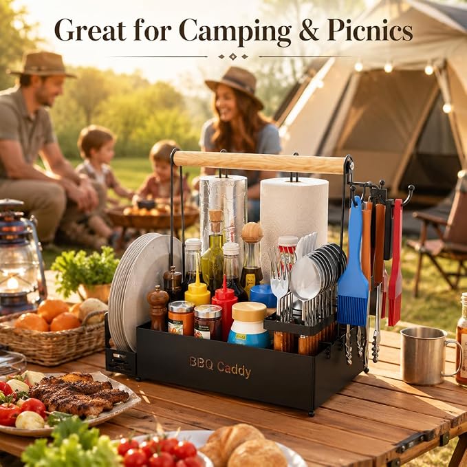 Portable BBQ Grill for Cuisinart CPG-700 Woodcreek XL 2021-2024, Multi Compartment Outdoor Grilling Organizer with Plate Rack, Paper Towel Holder & Tool Hooks for Camping,B
