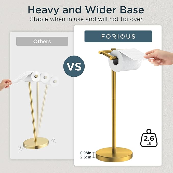 FORIOUS Toilet Paper Holder Wall Mount, Stainless Steel Rustproof Double Post Pivoting Tissue Roll Holder for Bathroom, Commercial Toilet Paper Dispenser Toilet Paper Stand, Brushed Gold
