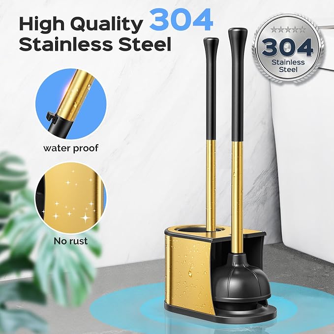 HAMITOR Toilet Plunger and Brush Set: 2 in 1 Stainless Steel Combo with Curved Bristles - Heavy Duty Toilet Unclogging for Family Bathroom - Compact Hideaway Apartment Cleaning Accessories - Gold