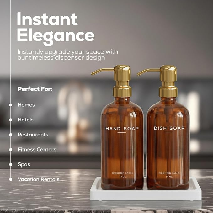 Luxury Glass Hand and Dish Soap Dispenser Set with Tray by Brighter Barns - Kitchen Soap Dispenser with Tray and Pump for Kitchen Sink - Luxury Home Decor for Airbnb, Restaurant, Hotel (Amber/Gold)