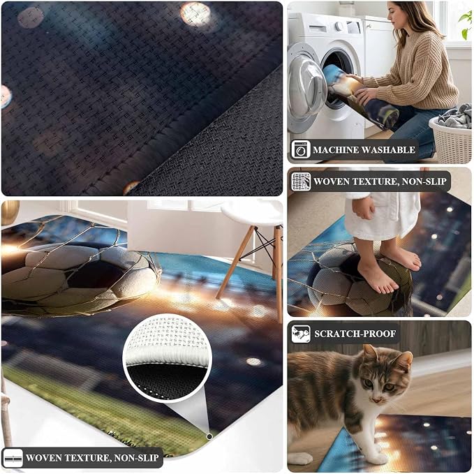 Runner Rug Indoor Outdoor 15.7"x47.2", Football Sports Absorbent Non Slip Entry Door Mat, Football Field Goal Net Soccer Low-Profile Hallway Rugs for Kitchen Laundry Room Entryway Mudroom Apartment