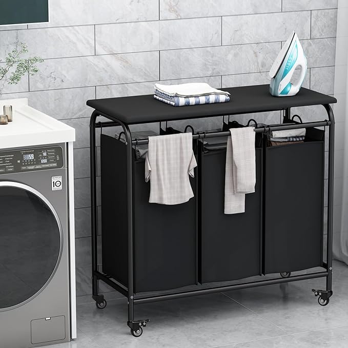 LINZINAR 3-Bag Laundry Hamper with Ironing Board, Black 135L Laundry Sorter | Laundry Room Organization with Heavy Duty Rolling Lockable Wheels and Removable Bag, Bedroom Laundry Cart for Clothes Storage