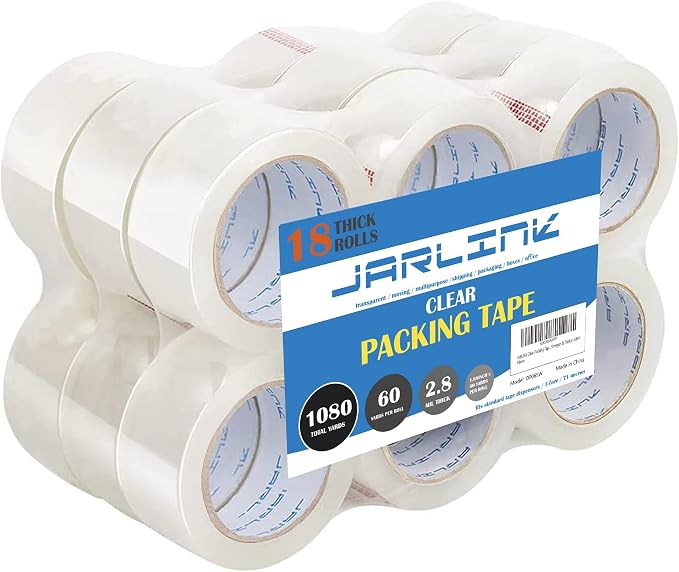 JARLINK 18 Rolls Clear Packing Tape, Heavy Duty Packaging Tape | Ultra Thick 2.8mil and 1.88" Wide. 60 Yards per Roll, 1080 Total Yards. Moving Supplies for Shipping Packaging Sealing
