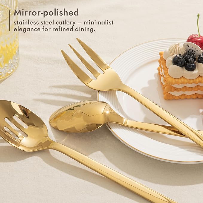 18/10 Large Hostess Gold Serving Utensils,Stainless Steel Serving | Heavy Duty Serving Set, 10-inch Serving Utensils, Slotted Spoons, Forks, Tongs, Cake Pie Server for Buffet, Wedding, Parties