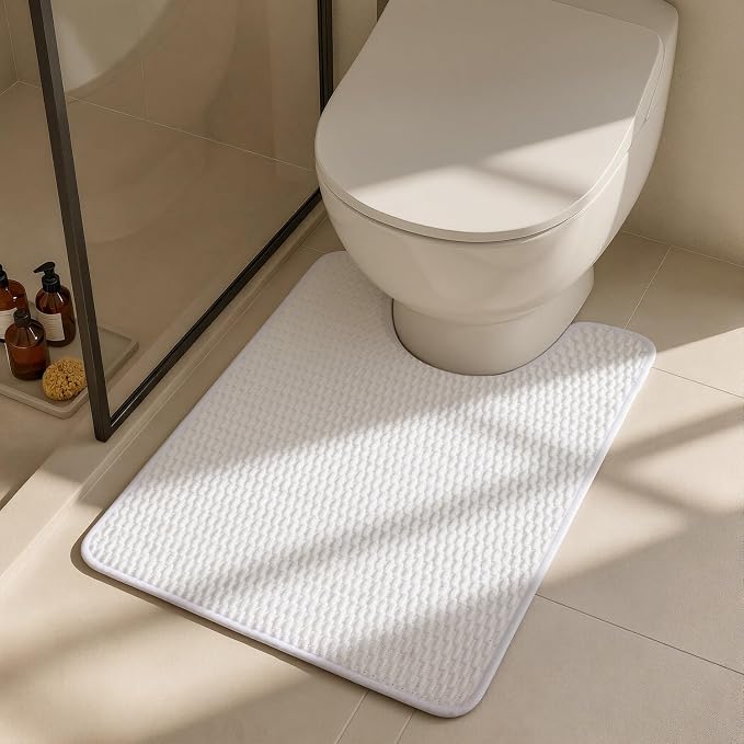 Triohero Toilet Rug, Thin Toilet Rugs U Shaped Washable Non Slip Absorbent Quick Dry Low Pile Toilet Mat, White 20"x24" U Shape