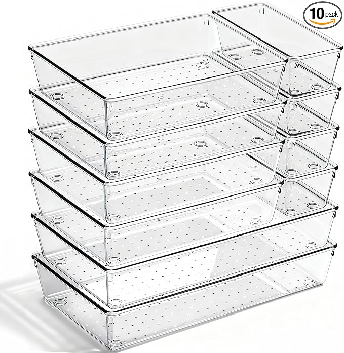10 Pack Large Drawer Organizer Bins - Clear Plastic Bathroom Drawer Organizer Trays - Heavy Duty Kitchen Drawer Dividers for Utensils - Non-Slip Storage Bins for Makeup, Bedroom, Office Desk