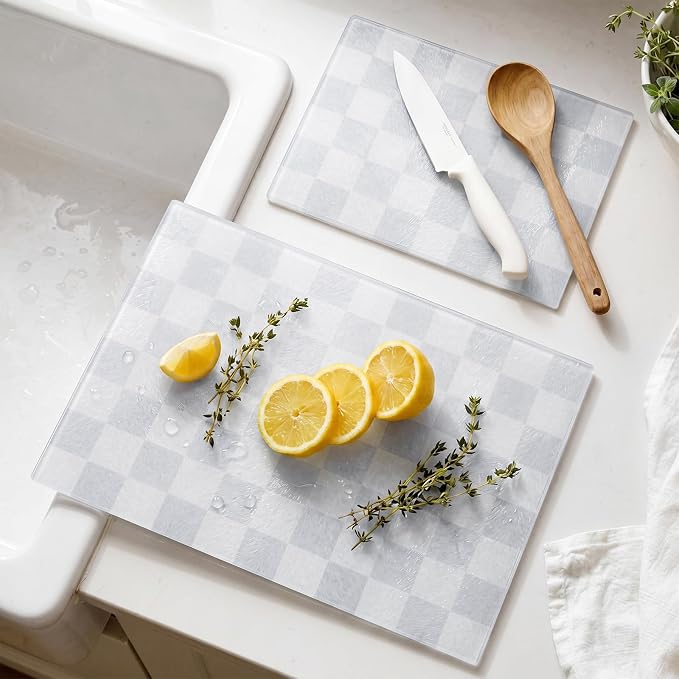 Thenshop Set of 2 Tempered Glass Cutting Boards Silver Gray Check Countertop Cutting Boards Heat Resistant with Non-slip Feet for Kitchen Counter Housewarming Wedding Gift 7.9x11inch+11x15 Inch