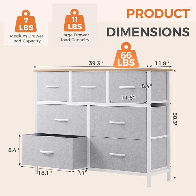 Sweetcrispy 7 Drawer Dresser with Fabric Bins, Fabric Storage Tower Organizer for Bedroom, Closet, Hallway, Entryway, Tall Chest of Drawers with Steel Frame, Wood Top, Light Grey