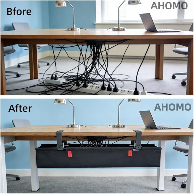 Under Desk Cable Management No Drill – 36" L x 6" W Cord Organizer, Upgraded Silicone Pads (No Scratch), 16 Cable Slots, Washable PE Honeycomb Base, Fits Desks 0–2.1" Thick, Black