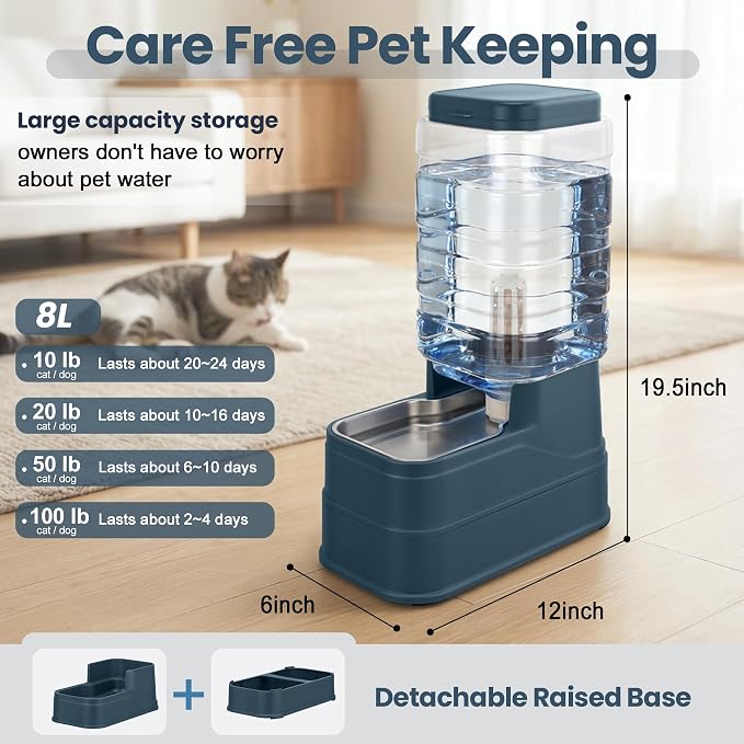 Auto Dog Water Dispenser with Stainless Steel Bowl Feeder for Pets | Automatic Cat Water Dispenser Gravity Water Feeder Dog Waterer for Puppy Kitten Pets (Include Filter &Ice Pack) 2.2Gal Navy