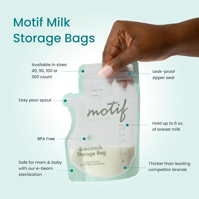 Motif Medical Breastmilk Storage Bags - Freezer Bag w/Easy Pour Spout, Write-On Label - Leak-Proof Double Zipper Milk Bags for Breastmilk - Breastfeeding Mom Gifts (6 oz, 300 Count)