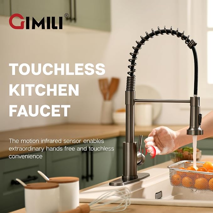 GIMILI Black Stainless Touchless Kitchen Faucet with AC Adapter, Smart Motion Sensor Hands Free Single Handle Kitchen Sink Faucet with Pull Down Sprayer