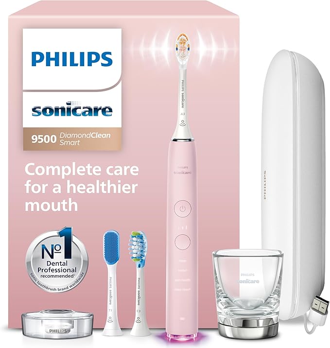Philips Sonicare DiamondClean Smart 9500 Electric Toothbrush - Sonic Toothbrush with App, Pressure Sensor, 15 Brushing Settings, Replacement Reminder, USB Charging Travel Case, Pink, Model HX9923/21