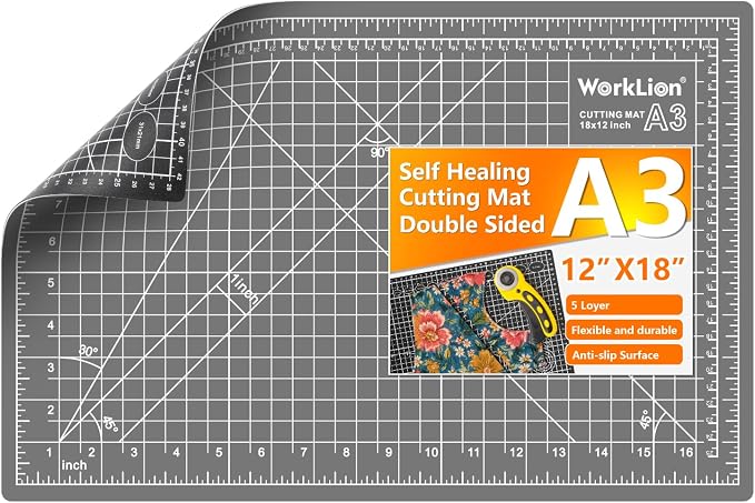 Self Healing Cutting Mat: 12''x18'' Double Sided Craft Cutting Mat for Sewing, Fabric, Quilting - 5-Ply Slip-Resistant Hobby Cutting Board for DIY Projects (Grey/Black)