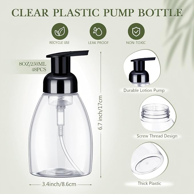 Nuenen 48 Pieces 8oz Foaming Soap Dispenser Refillable Foaming Pump Bottles Bulk Travel Hand Soap Dispenser Plastic Press Bottles Empty Containers for Shampoo Bathroom Commercial(Black)