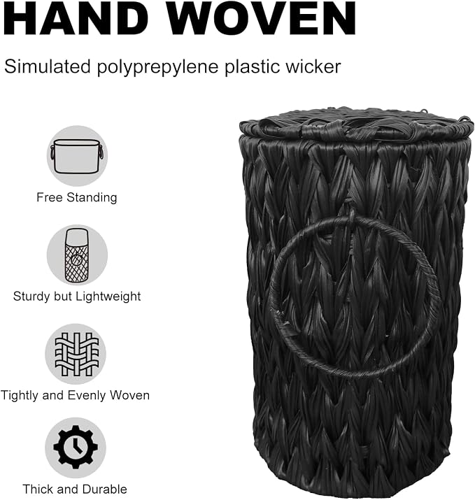 Coeusy Black Toilet Paper Basket with Lid,Wicker Toilet Paper Storage Stand,Large Narrow Bathroom Towel Basket Mega Roll Container Bin for Toilet Tank,Floor