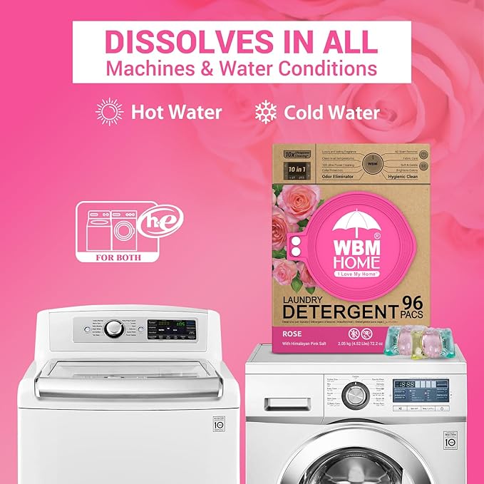 WBM Home 10-in-1 Laundry Pods, Total 96 Count, Ultra Concentrate with Powerful Stain Lifter Technology, Fabric Softener With Rose Extracts, Detergent Pods