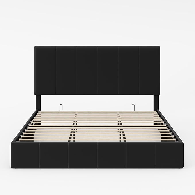 Allewie King Size Velvet Lift Up Hydrualic Storage Bed Frame, Black | Vertical Channel Tufted Headboard, Hydrualic Underneath Storage, Upholstered Platform Bed, No Box Spring Needed