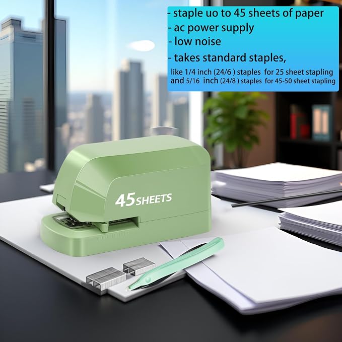 Electric Stapler for Desk, 45 Sheet Capacity Automatic Stapler Desktop, Office Staplers Electric, AC Operated Staplers Heavy Duty Office Use with 1,000 Staples & Staple Remover, Saga Green