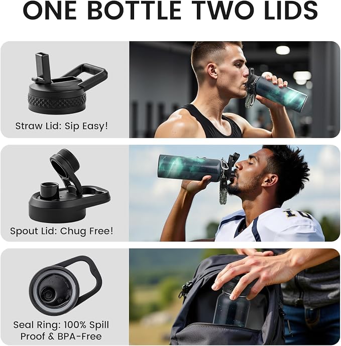RAYMYLO Insulated Water Bottle 40 oz, Triple Wall Vacuum Stainless Steel (Cold for 36Hrs, Hot for 18Hrs), Leak Proof & Non-BPA, Modern Water Flask Jug with Paracord Handle & Straw Spout Lids
