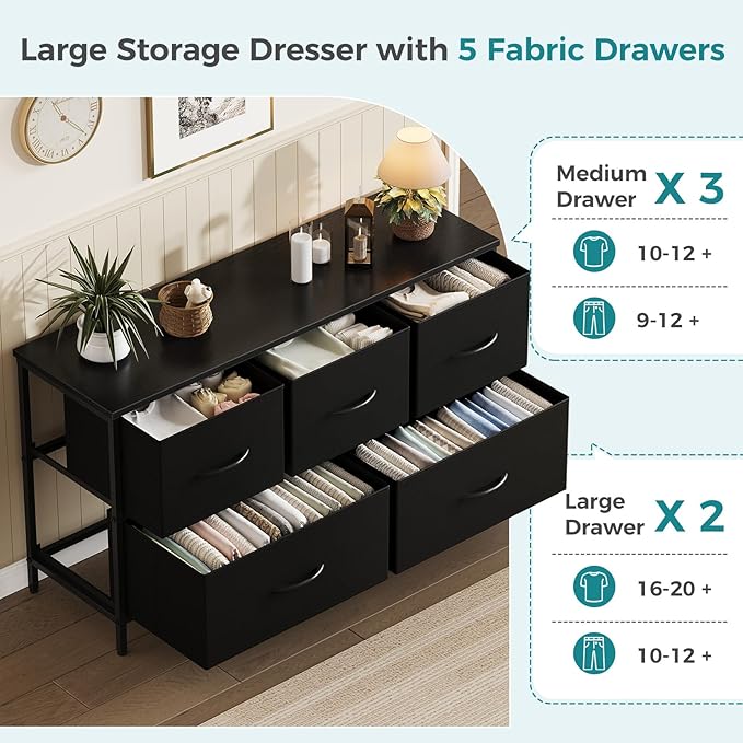 OLIXIS 5 Drawer Black Dresser for Bedroom, Closet Chest Organizer Furniture | TV Stand for Living Room Hallway, Wide Fabric Storage Tower with Wooden Top and Metal Frame