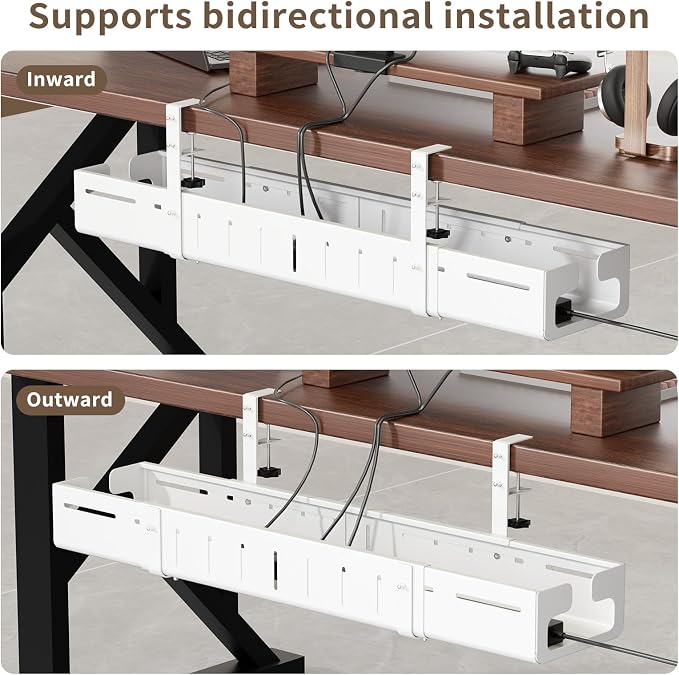 Under Desk Cable Management, Expandable 25.2"–38.6" Cable Management Under Desk No Drill, Heavy Duty Carbon Steel with Clamp, Hidden Cord Organizer for Desk, Home Office Standing Desk White