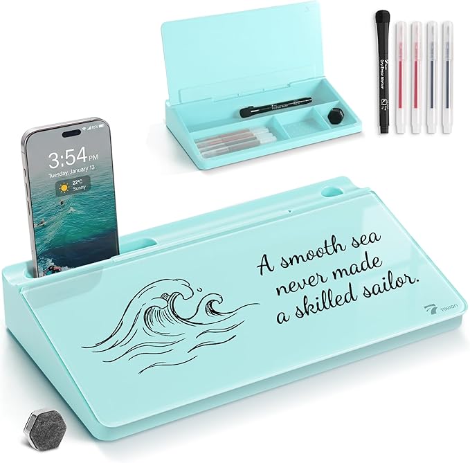TOWON Small Compact Glass Desktop Whiteboard with Storage – 12 x 7 in Dry Erase Board for Desk, Home Office, School | Includes 5 Markers, Eraser & Holder | Space-Saving Organizer, Aesthetic Teal Blue