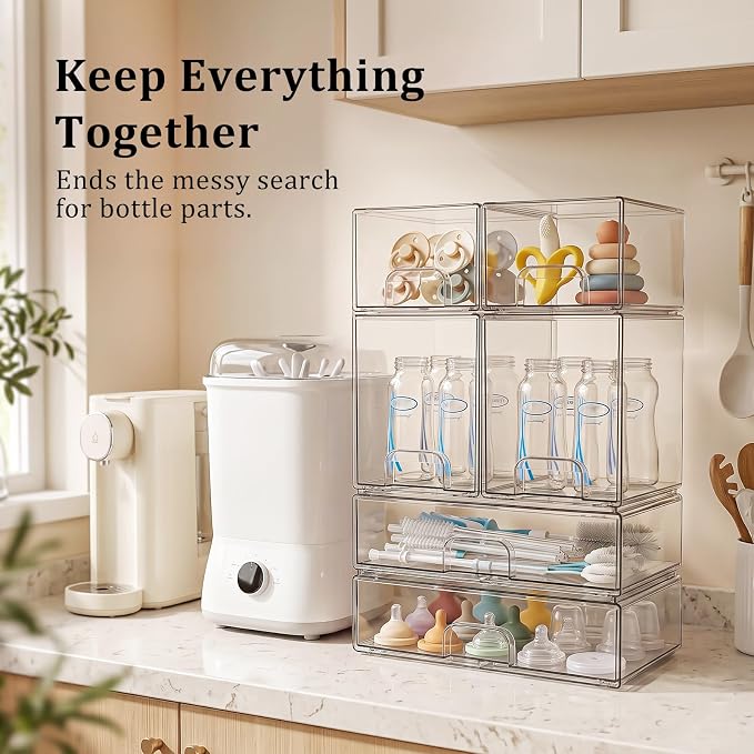 Clear Stackable Storage Drawers: Baby Bottle Storage Organizer, Acrylic Bottles Station Organizer Container for Countertop, Vanity, Bathroom, Cabinet Organization - 6 Pack