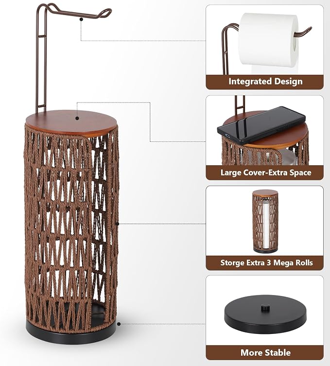 Trongee Freestanding Toilet Paper Holder with Storage,3 Rolls of Rattan Tissue Holder for Bathroom,Woven Toilet Paper Roll Holder Stand,Boho Bathroom Decor Farmhouse Toilet Paper Storage-Deep Brown