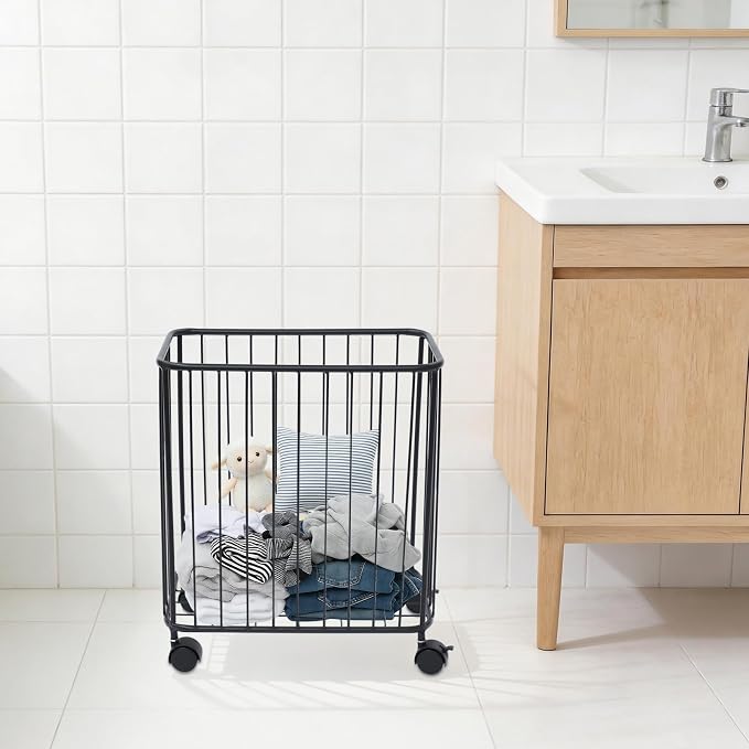 Rolling Laundry Basket with Wheels, Rectangular Metal Laundry Hamper, Large-size Dirty Clothes Basket, Versatile Portable Hollow-out Storage Basket for Home, 15.7"×9.8"×15.7" (Black-R)
