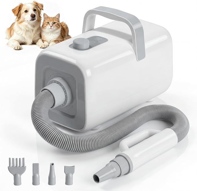 NEWBULIG Dog Hair Dryer, 1550W High Velocity Pet Blow Dryer with Heater for Grooming, Speed Temperature Adjustable Dog Blower Grooming with 4 Nozzles, White