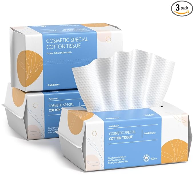 PoeticEHome Soft Dry Wipe 3 Pack, Cotton Tissue Face Towel, Disposable Facial Cleansing Cloths, Dry Wet Use for Sensitive Skin, Makeup Removing, Surface Cleaning (300 Count)