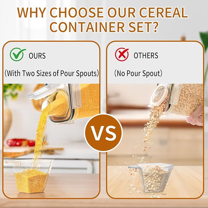 HKJ Chef Cereal Containers Storage Set (4L / 135.2oz), 6PCS Airtight Food Storage Containers with Lids, Cereal Dispensers for kitchen Pantry Organizers and Storage with Pour Spout, 20 Labels, Marker