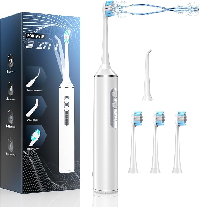 2-in-1 Electric Toothbrush with Water Flosser, Brush & Floss Combo | 3 Modes, 3 Brush Heads, Jet Tip, IPX7 Waterproof, Portable Oral Irrigator for Travel, White