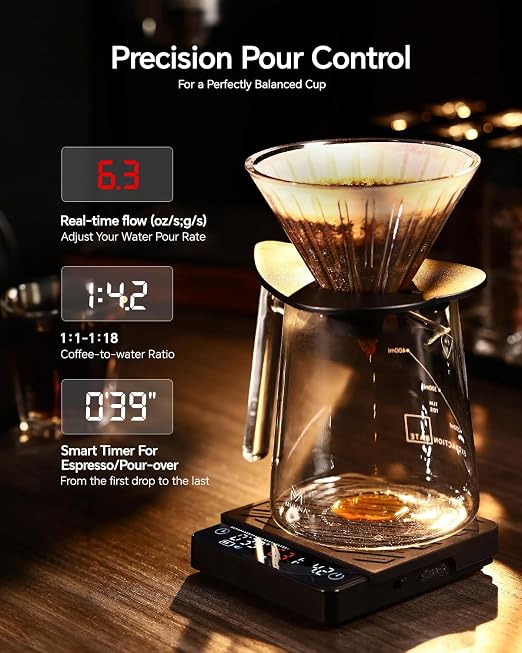 Espresso Mini Coffee Scale with Timer & Flow Rate Indicator - 2kg/0.1g Precision Digital Scale with Waterproof Silicone Mat for Pour Over, Coffee Bean Weight, Kitchen, Black