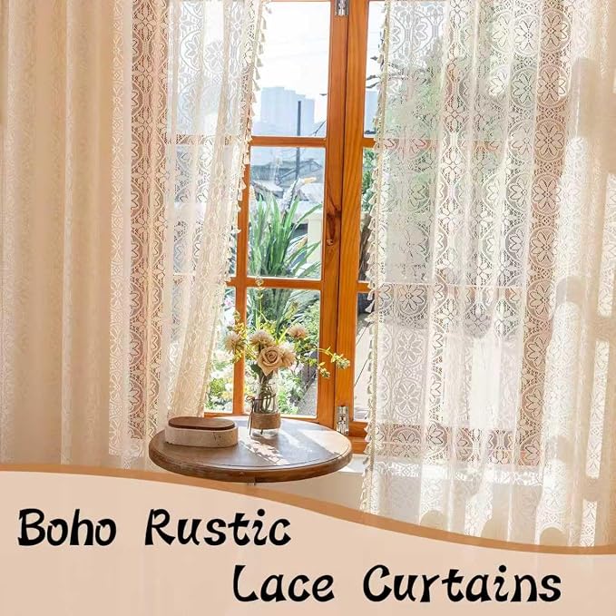 Sutuo Home Lace Sheer Curtains 2 Panels for Kitchen Bedroom, Floral Boho Window Drape Light Filtering Curtains Crochet Bohemian Vintage Chic Tassels Privacy Victorian Decor Rod Pocket, 50" x 63" Beige