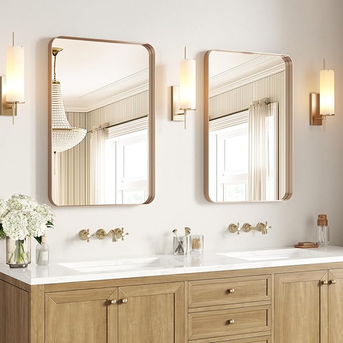 USHOWER Gold Bathroom Mirrors 24"x36" 2 Pack, Brushed Champagne Gold Rectangle Mirrors for Over Sink, Aluminum Frame, Anti-Rust, Tempered Glass, Horizontal or Vertical Mounted