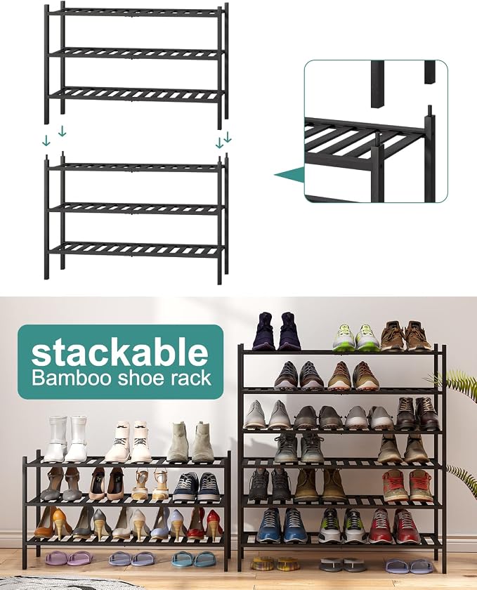 viewcare 3-Tier Long Black Shoe Rack, Bamboo Wood Shoe Rack for Closet, Entryway & Hallway, Stackable | Functional | Sturdy