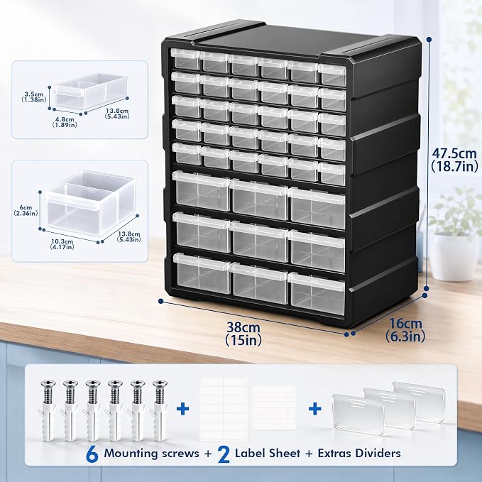 Drawer Organizer for Garage Building Bricks Storage,Thicker Craft Organizers Storage with Dividers Labels for Hardware,Screws,Nuts Bolts,Teacher Toolbox,Charms,Beads,Craft,Scrapbook