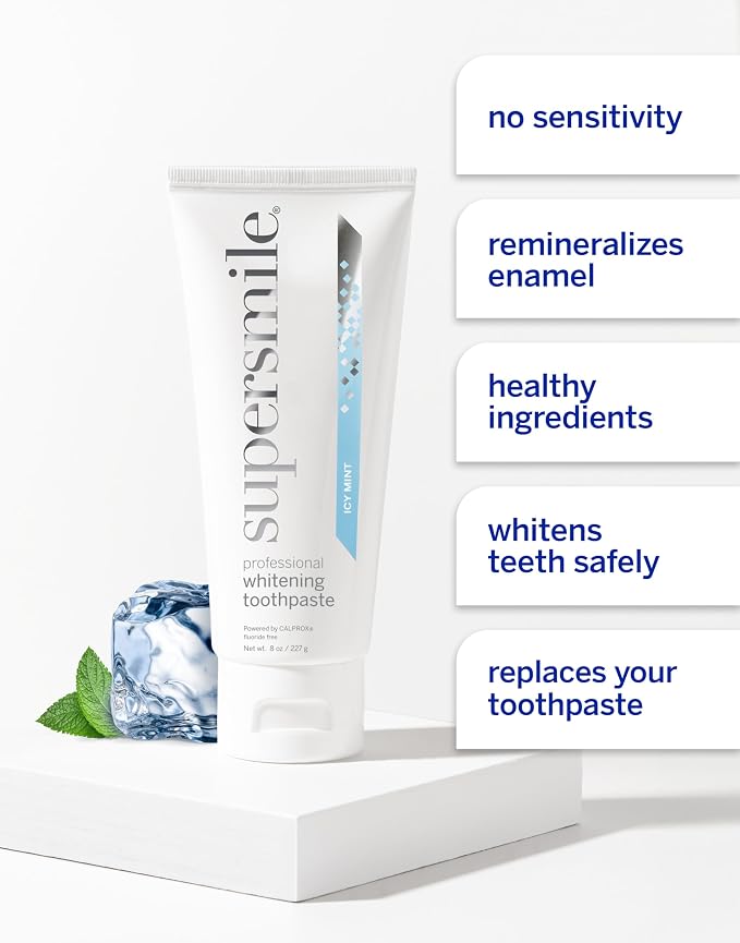 Supersmile ICY Mint Whitening Toothpaste, Fluoride-Free, 8 Oz | Calprox® Powered, Whitens 5.5 Shades in 7 Days, Frosty Peppermint Menthol Crystals, Veneer Safe, Sensitivity-Free